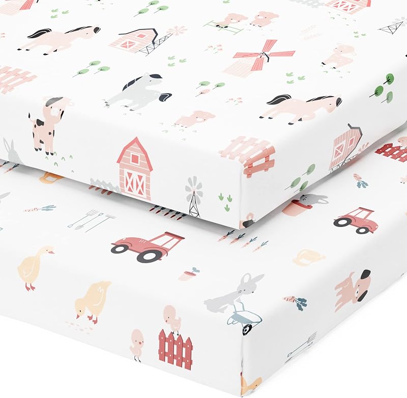 Mini Portable 24x38 Fitted Crib Sheets – Compatible with Dream on Me, Delta Porta Crib and Arms Reach Ideal Cosleeper – Buttery Soft 100% Cotton – Farm Animals – 2 Pack