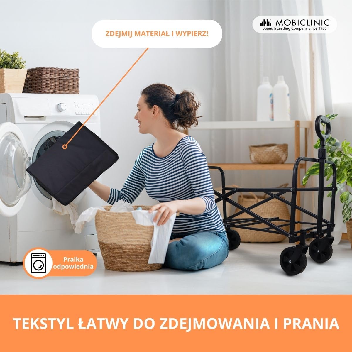 Mobiclinic®, Składany wózek transportowy, Na plażę i do ogrodu, Duna basic, Regulowana rączka, 360º terenowe koł, Nośność 80 kg, 71x47x50cm, Wodoodporny, Stal, Pcv, Czarny