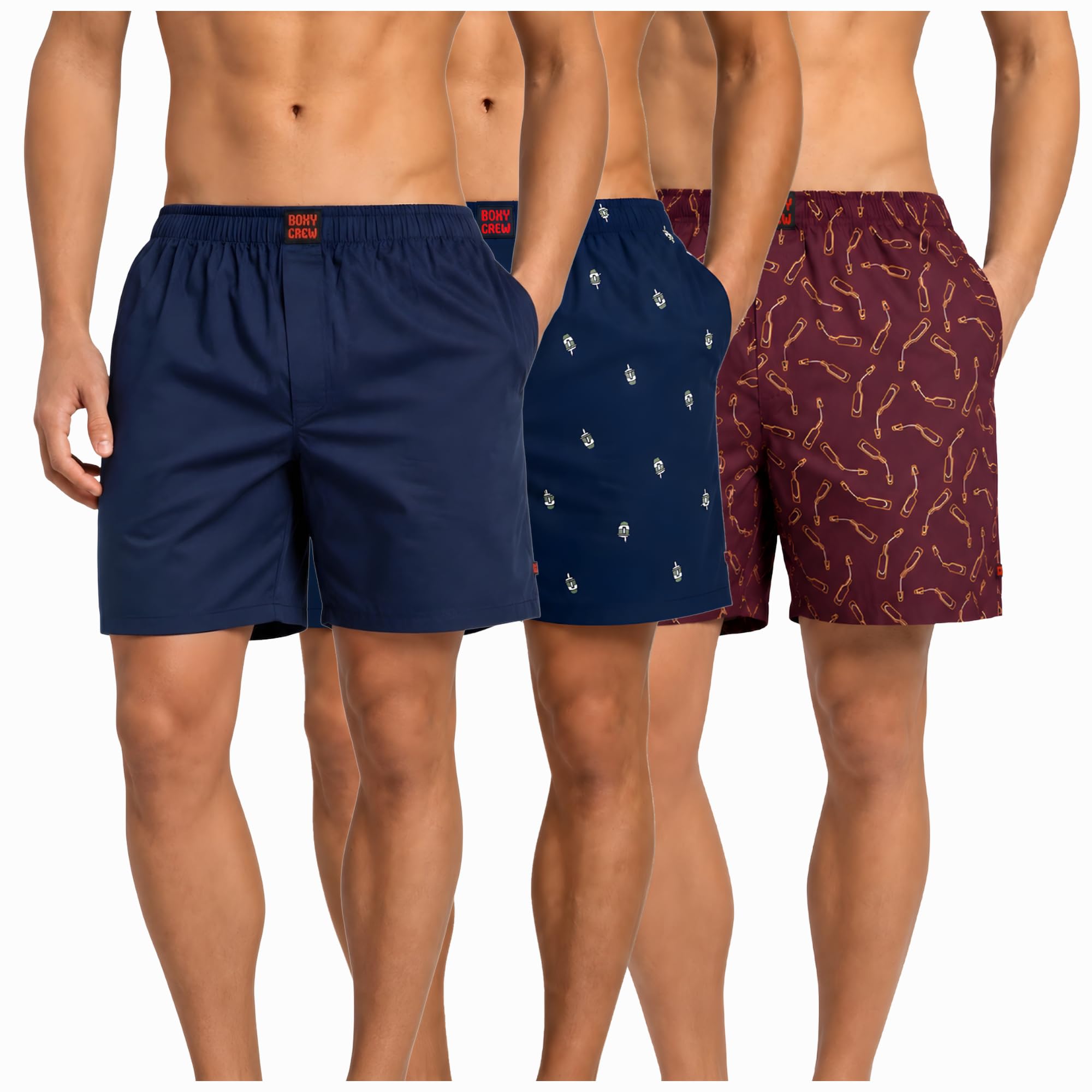 Men's 100% Cotton Boxer Shorts Pack of 3, Navy Blue, Navy Blue & Maroon | Woven Boxers with Side Pockets, No-Marks Elastic Waistband, Breathable Relaxed Fit | Style 002-011-014-image-47