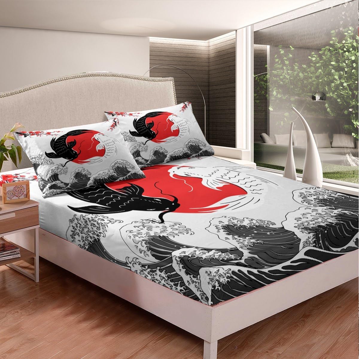 Erosebridal Japanese Ukiyo-E Style Fitted Sheet Queen Size, Koi Carp Fish Microfiber Bed Sheets for Kids Girls Boys, Sea Waves Ocean Bedroom Accessories for Bedroom, Cherry Blossom Trees Bed Cover