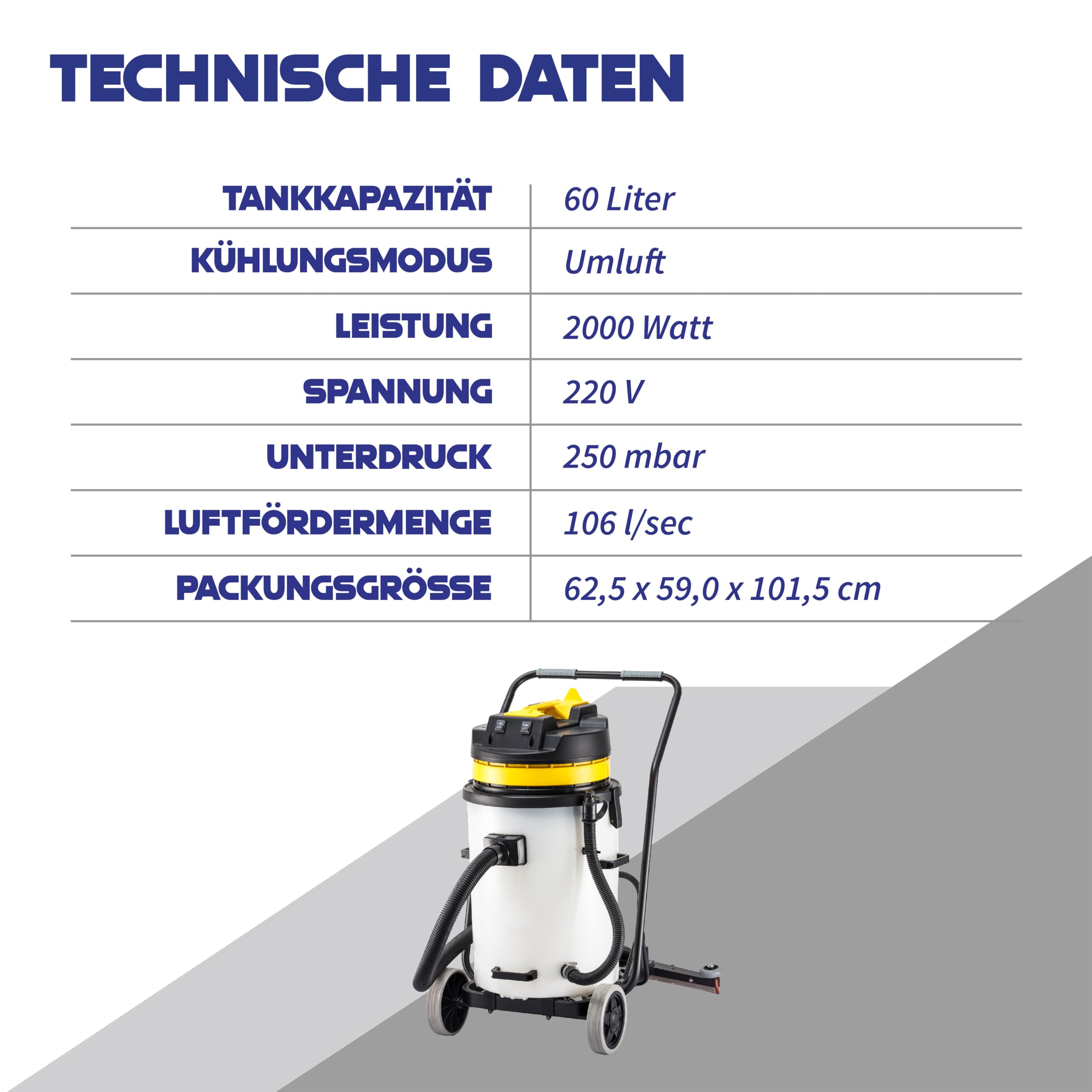 Nass und Trockensauger HL 60SB – Industriesauger, leistungsstarkes Saugsystem mit 2x1000W Motoren, 60L Fassungsvermögen, Schlauch & Wassersaugdüse - Reinigungsmaschine Boden
