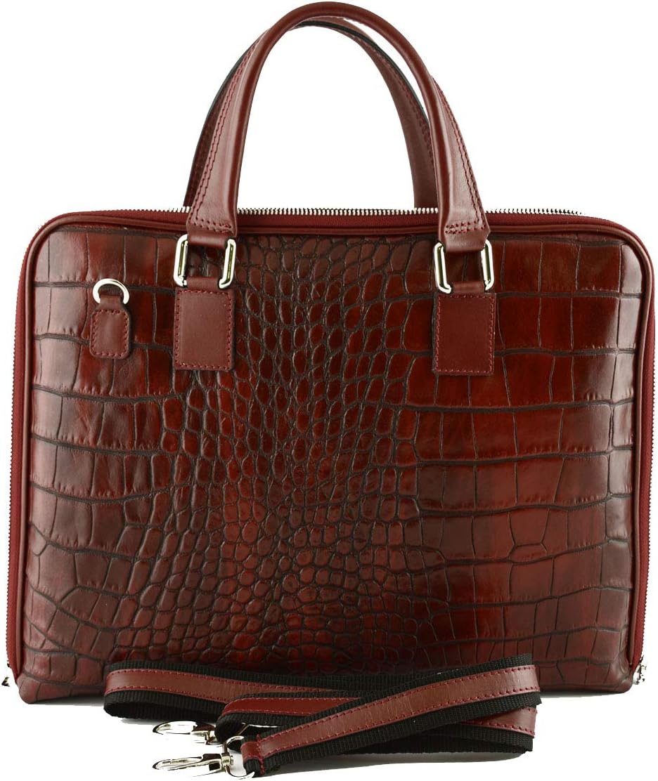 Dream Leather Bags Made in Italy Genuine LeatherMade In Italy Genuine Leather Woman Briefcase Crocodile Printed Color Red Tuscan Leather - Business Bag