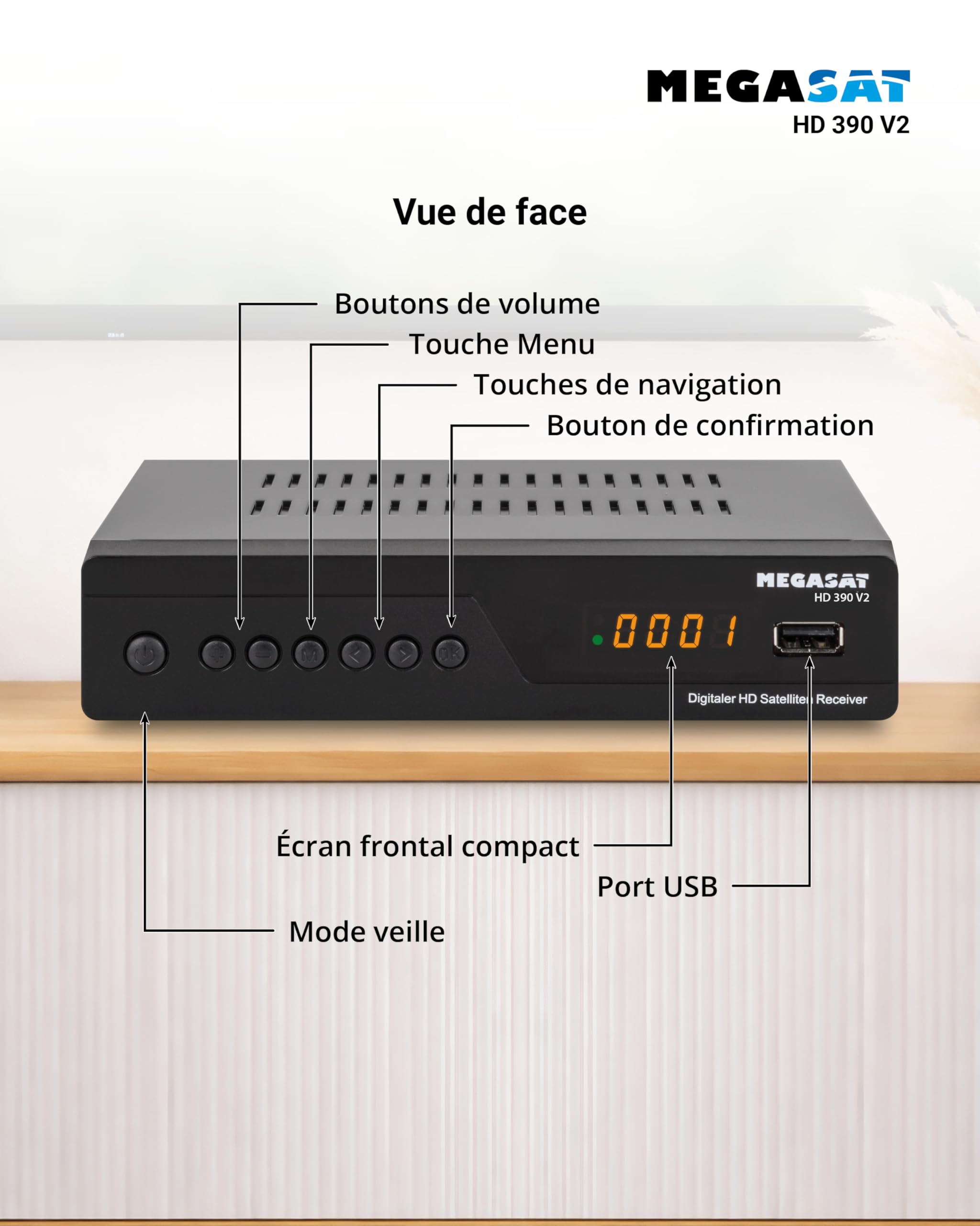 Megasat HD 390 – Récepteur Satellite HD (DVB-S/DVB-S2, Lecteur multimédia, HDMI, Péritel, 2 × USB, écran) – Noir