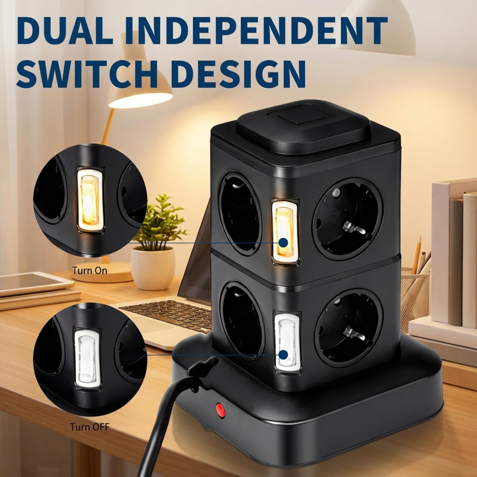 Torre Regleta Enchufes 8 Tomas AC y 4 USB Enchufe Multiple 2500W/10A Regleta Enchufes Protección contra Sobretensión Regreltas Vertical 3metro con Interruptor para Oficina y Hogar — view 4