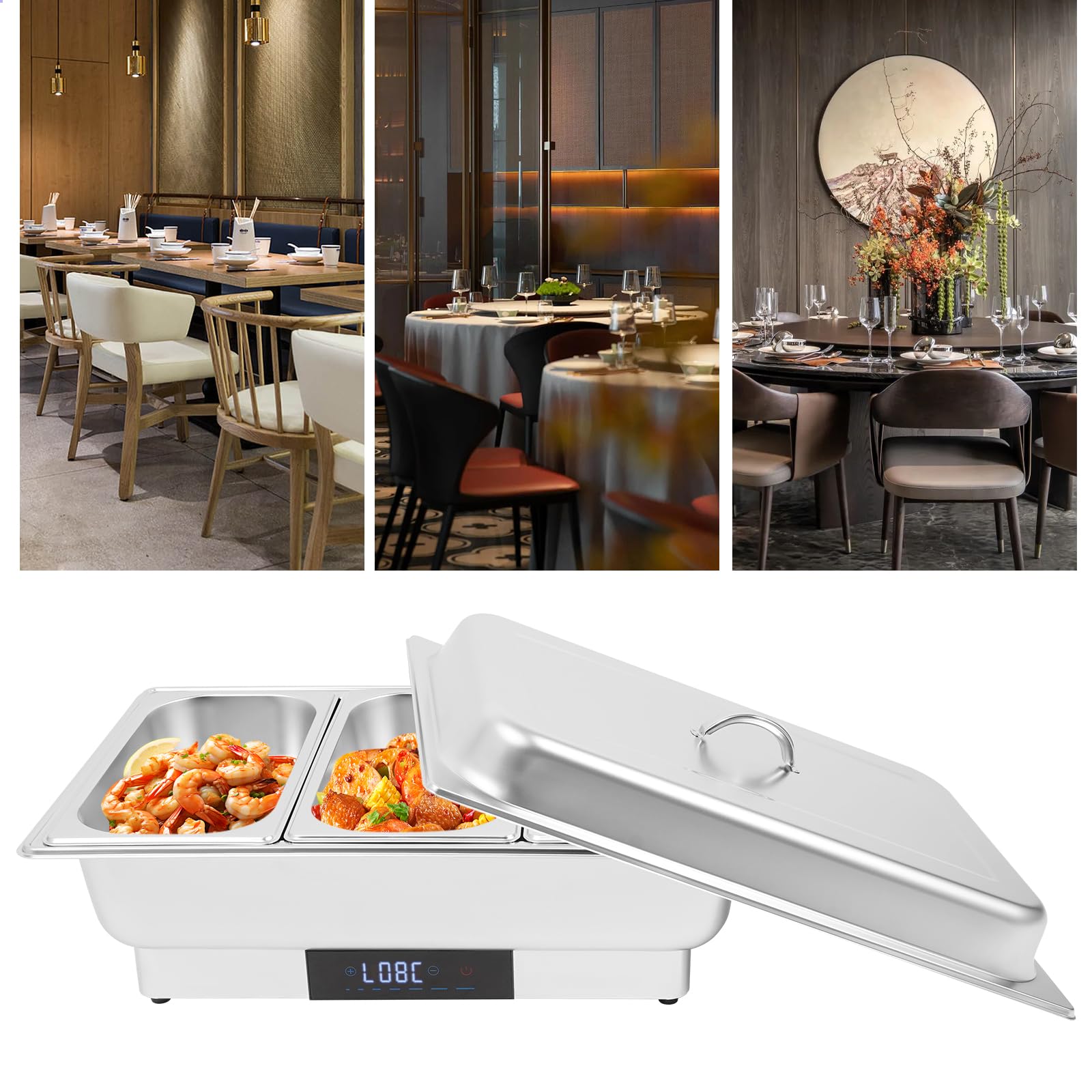 Calentador de platos eléctrico (600 W, 9 L, con ajuste de temperatura para comida fría y caliente, 3 compartimentos)
