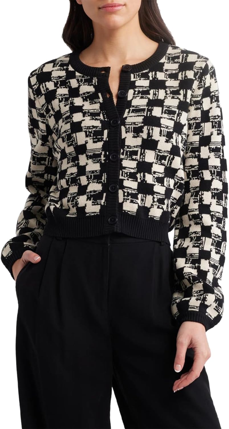Women's Cotton Cardigan Sweater, Checkerboard Design, Long Sleeve, Button Front, Ribbed Trim