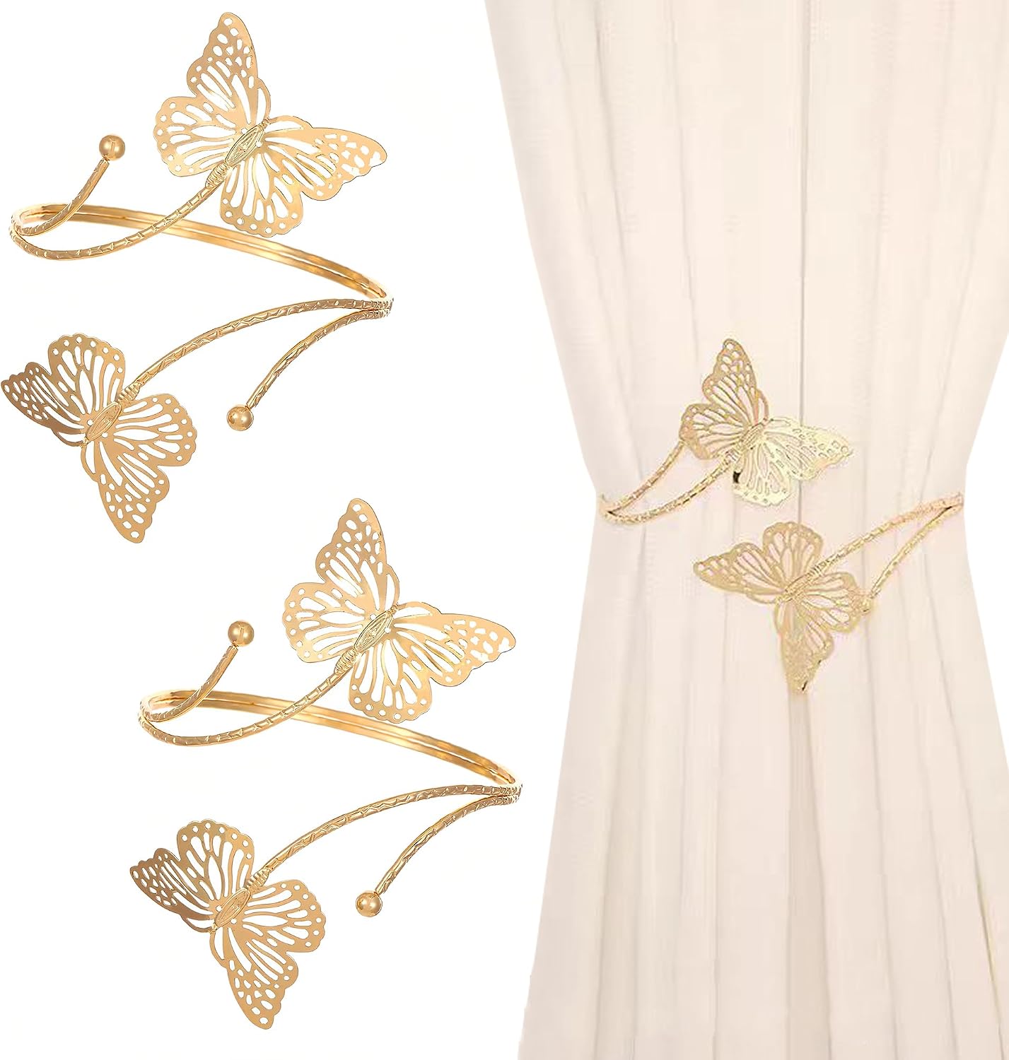 2 Pcs Gold Curtain Tiebacks, Decorative Butterfly Drapery Holdbacks, Modern Window Curtain Clips for Farmhouse & Cottagecore Bedroom, Living Room, and Hotel Decorations