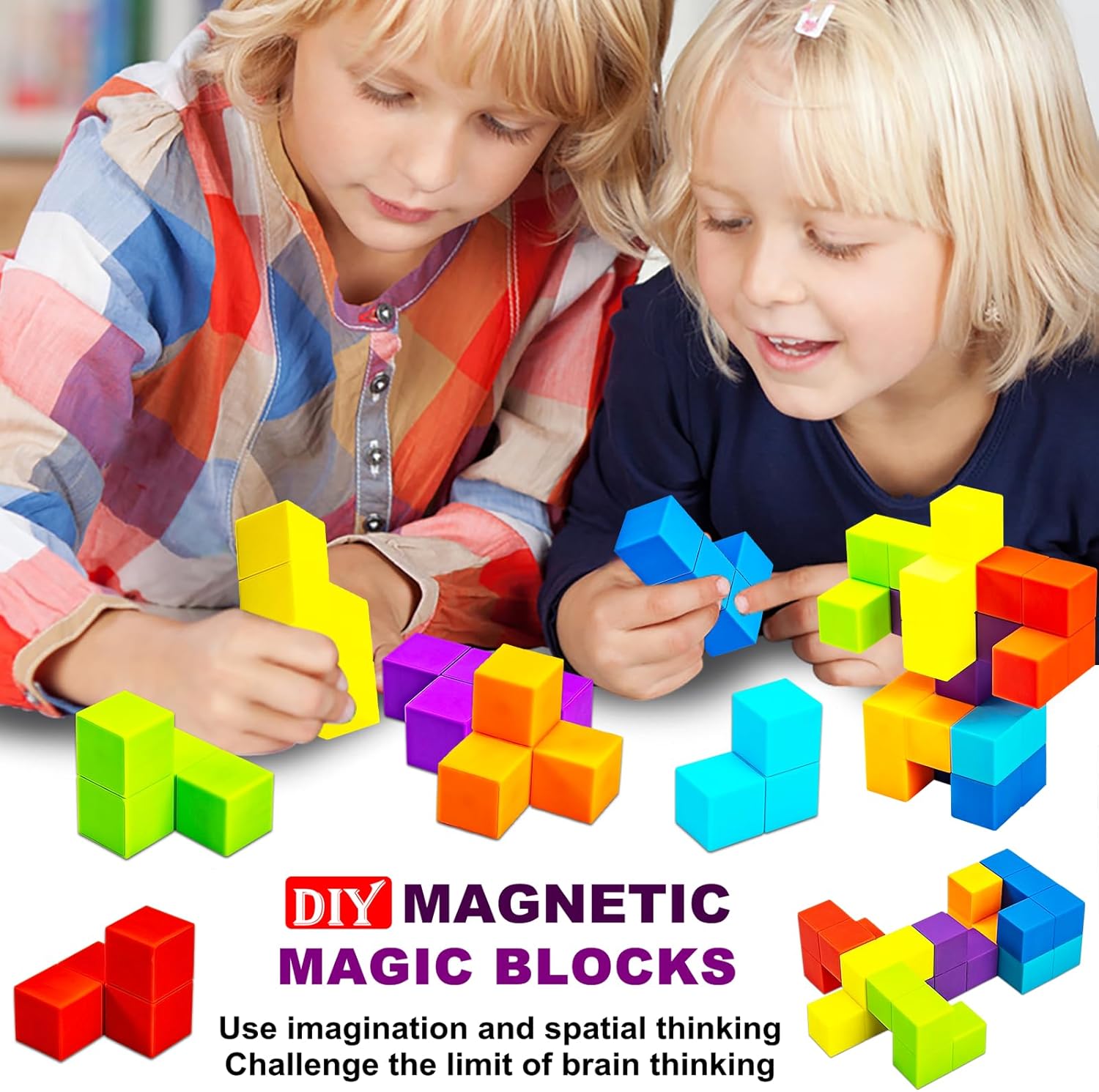 Magnetic Building Blocks Magic Magnetic 3D Puzzle Cubes, Set of 7 Multi Shapes Magnetic Blocks with 54 Guide Cards