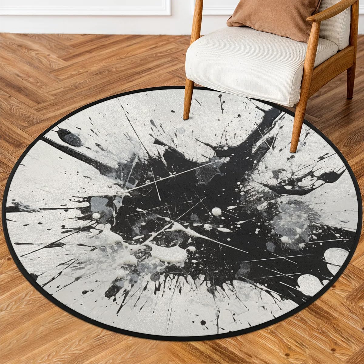 Black Doodle Graffiti Round Area Rug 3ft Washable Soft Circle Rugs Non-Slip Indoor Floor Mats Throw Rug Carpet for Nursery Kids Room Living Room Entryway Bedroom Bathroom Decor