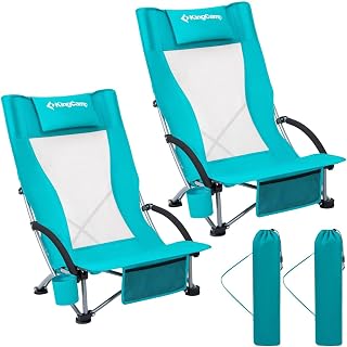 KingCamp Low Beach Chair: Oversized High Back Folding Camping Chair, Breathable Mesh Seat, 300lbs Capacity, Portable with Cup Holder for Beach & Outdoors