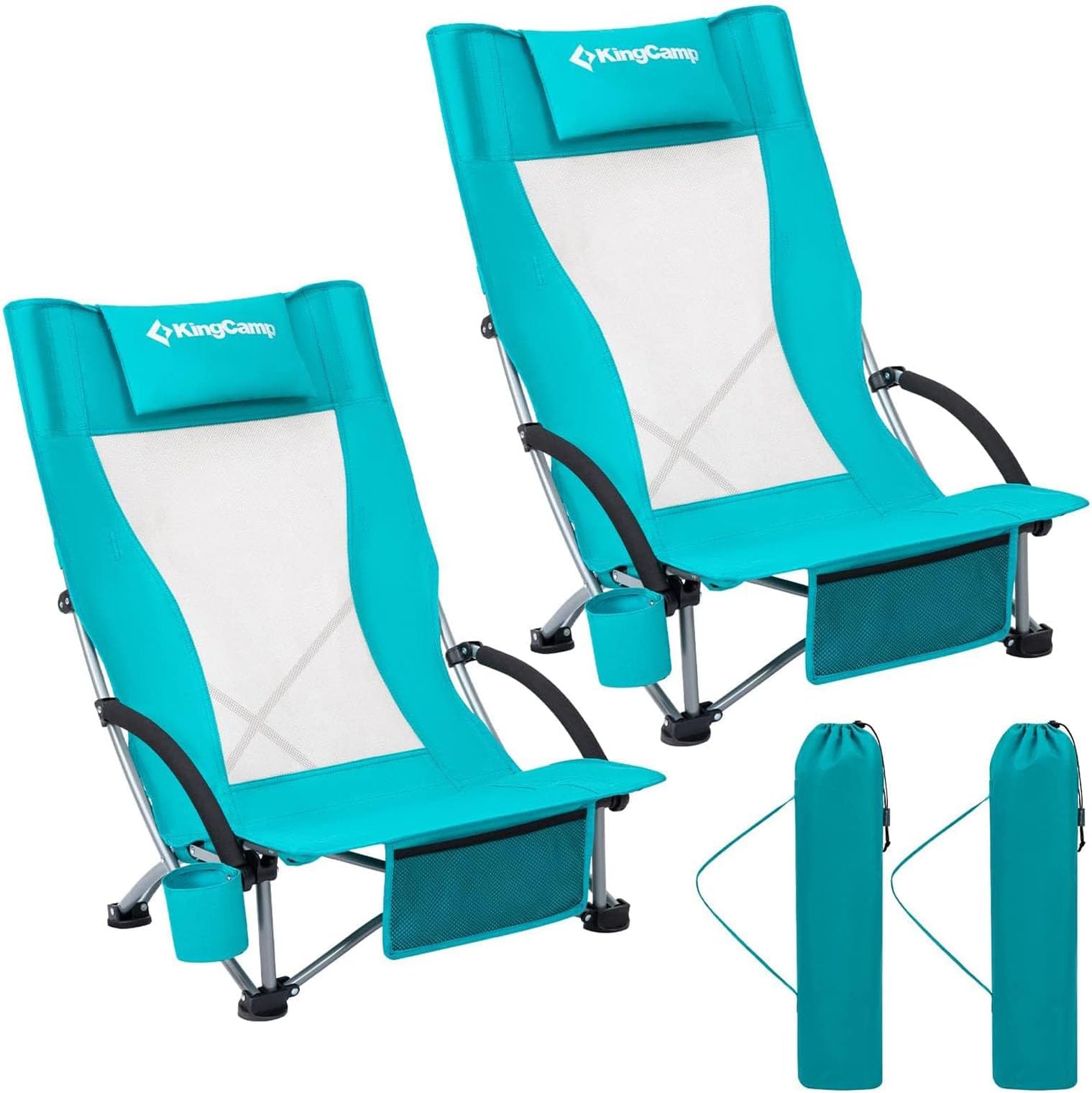 Low Beach Chair, High Back Folding Camping Chair for Adults, Oversized Breathable Mesh Seat, 300lbs Heavy Duty Portable Chair with Cup Holder & Storage Pockets for Beach, Outdoor