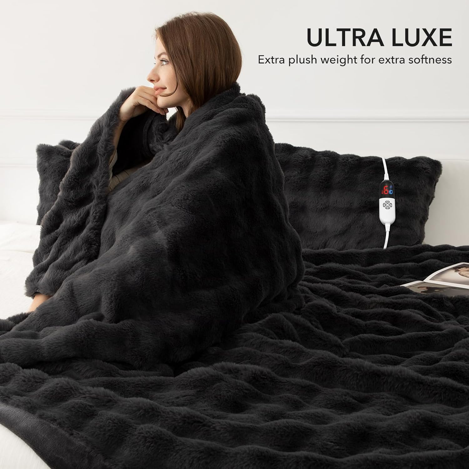Faux Fur Heated Blanket Throw Dark Grey - Luxury Fluffy Rabbit Bubble Electric Blanket with 6 Heating Levels, 4 Time Settings, Ideal Gift for Women, Machine Washable (50"x60") - Image 6