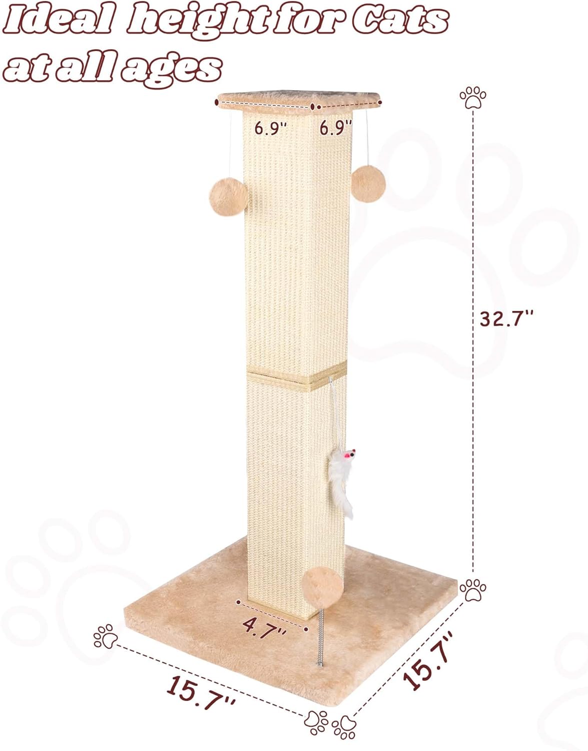 ANWA Large Cat Scratching Posts for Indoor Cats, 32" Tall Vertical Cat Scratching Post with Dangling Toys, Premium Sisal Rope Post Scratcher for Cats at All Ages, Beige
