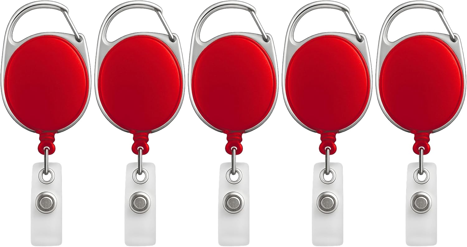 SPS 5-Pack Heavy-Duty Retractable Badge Reels – 24" Wire Cord, Carabiner & Belt Clip, Reinforced PVC ID Strap – Red ID Keychain for Office - Red