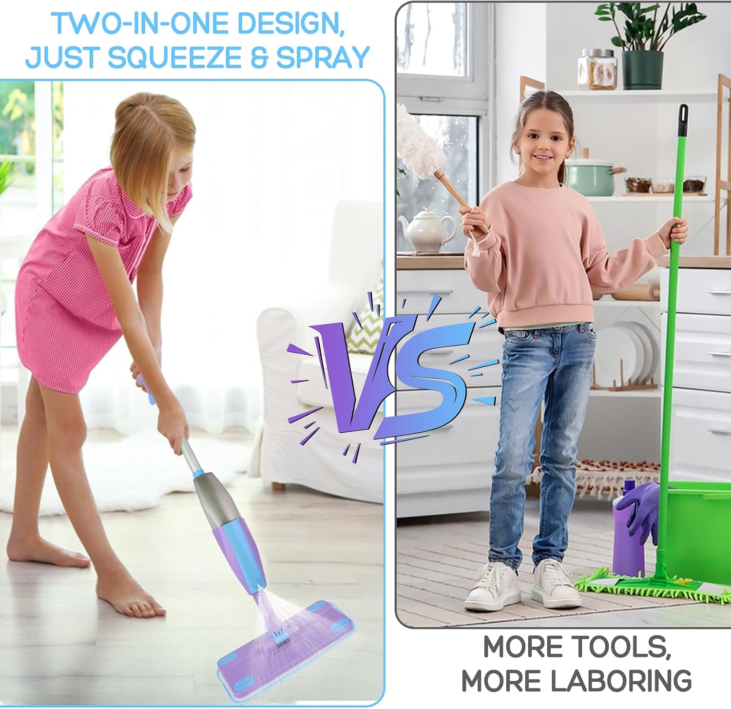 Kids Spray Mop, Real Working Toddler Cleaning Set with Water Sprayer & 2 Washable Mop Pads & Scraper, Pretend Play Montessori Housekeeping Toys Gifts for Toddlers Kids Girls Boys (Blue&Purple)