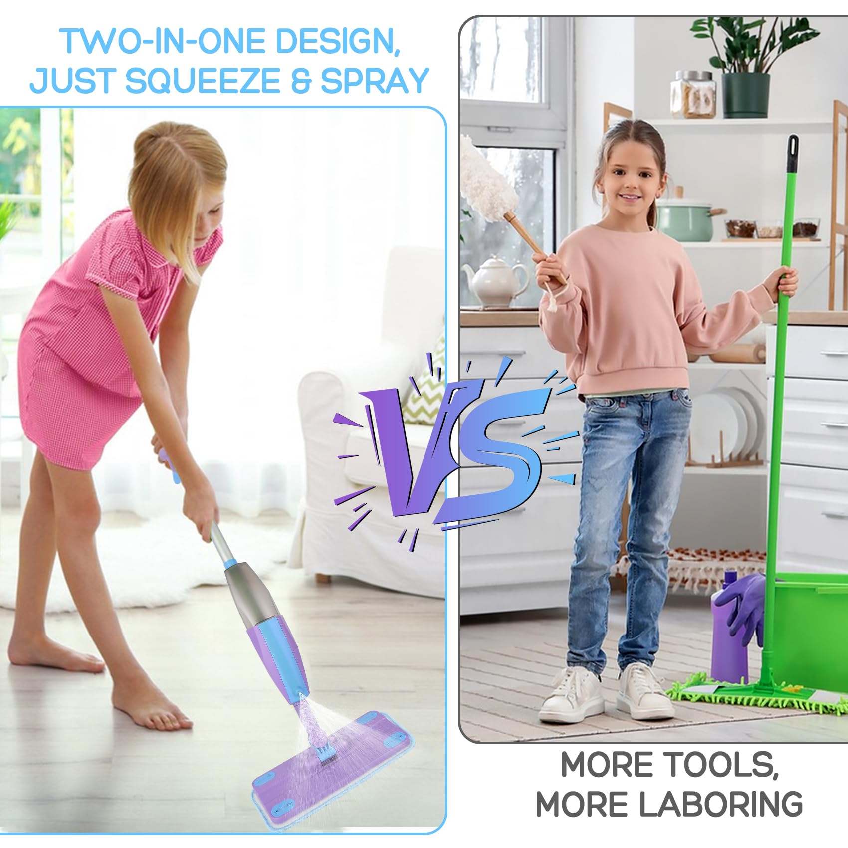 Trapeador con atomizador para niños, juego de limpieza para niños pequeños con rociador de agua y 2 almohadillas lavables para trapeador y raspador, juguetes Montessori de limpieza para juegos de 2