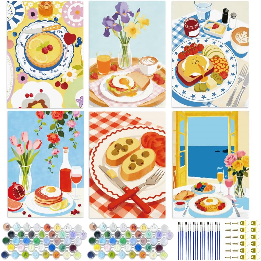 ACRNIGHEET 6 Pack Paint by Numbers Kits for Adults, Adult Paint by Number Kits on Canvas, DIY Acrylic Oil Painting by Numbers Kit for Home & Public Space Decoration 9.8x13.4 Inch(Breakfast)