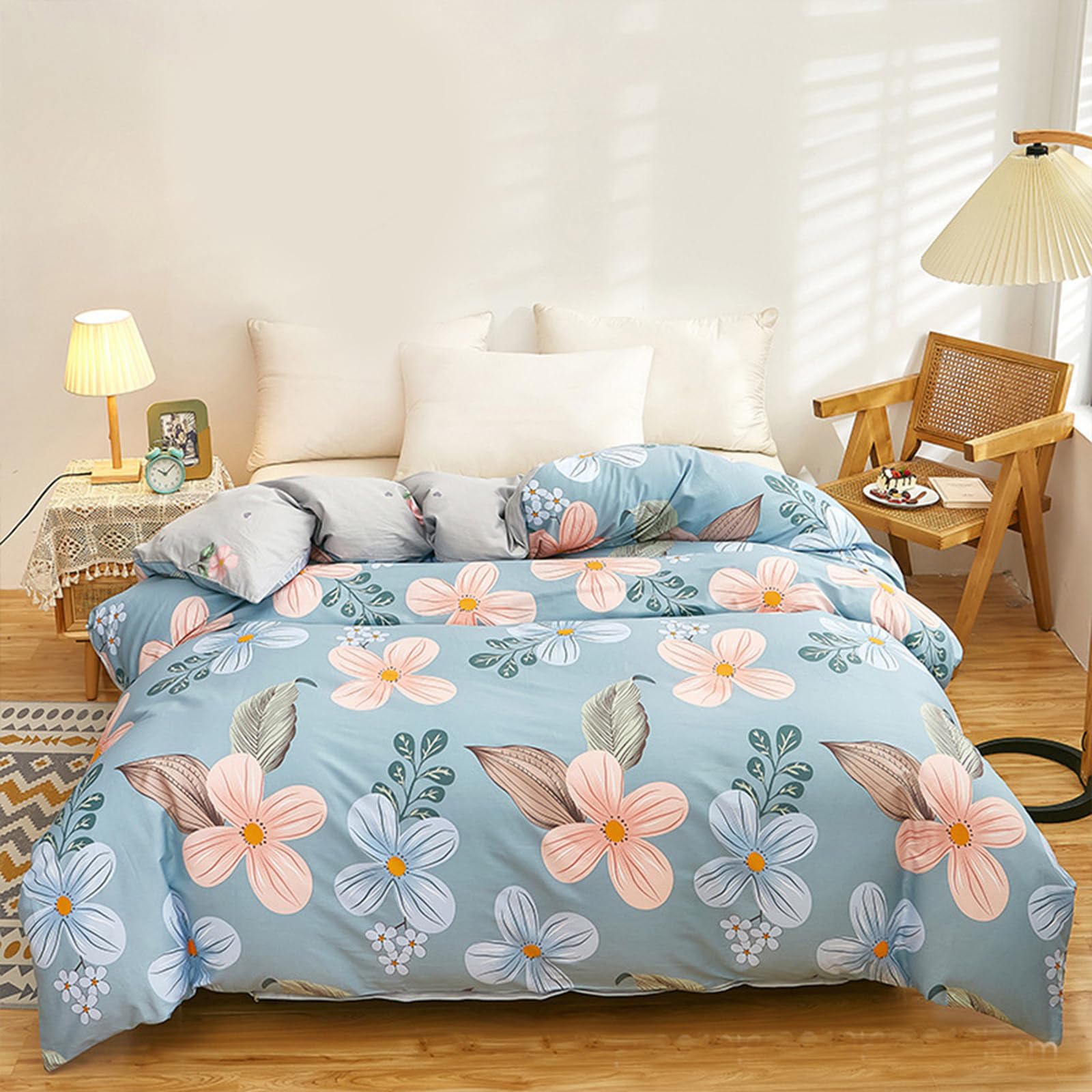 Baumwolle Bettwäsche 160 x 210 cm Bügelfrei knitterfrei Hellblau Grau Wendebettwäsche Bettbezug mit Reißverschluss Einzelbett Bettwäsche Weich Bequem und Atmungsaktiv