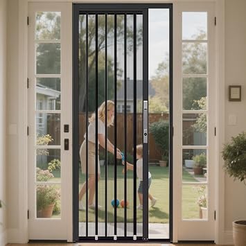 40x86 Retractable Screen Door, Folding Door with Aluminum Frame, Metal Screen Keep Bugs Out Ventilation Net, Heavy Duty Folding Screen Door for Front Doors Bedroom Patio Chicken Coop RV Black