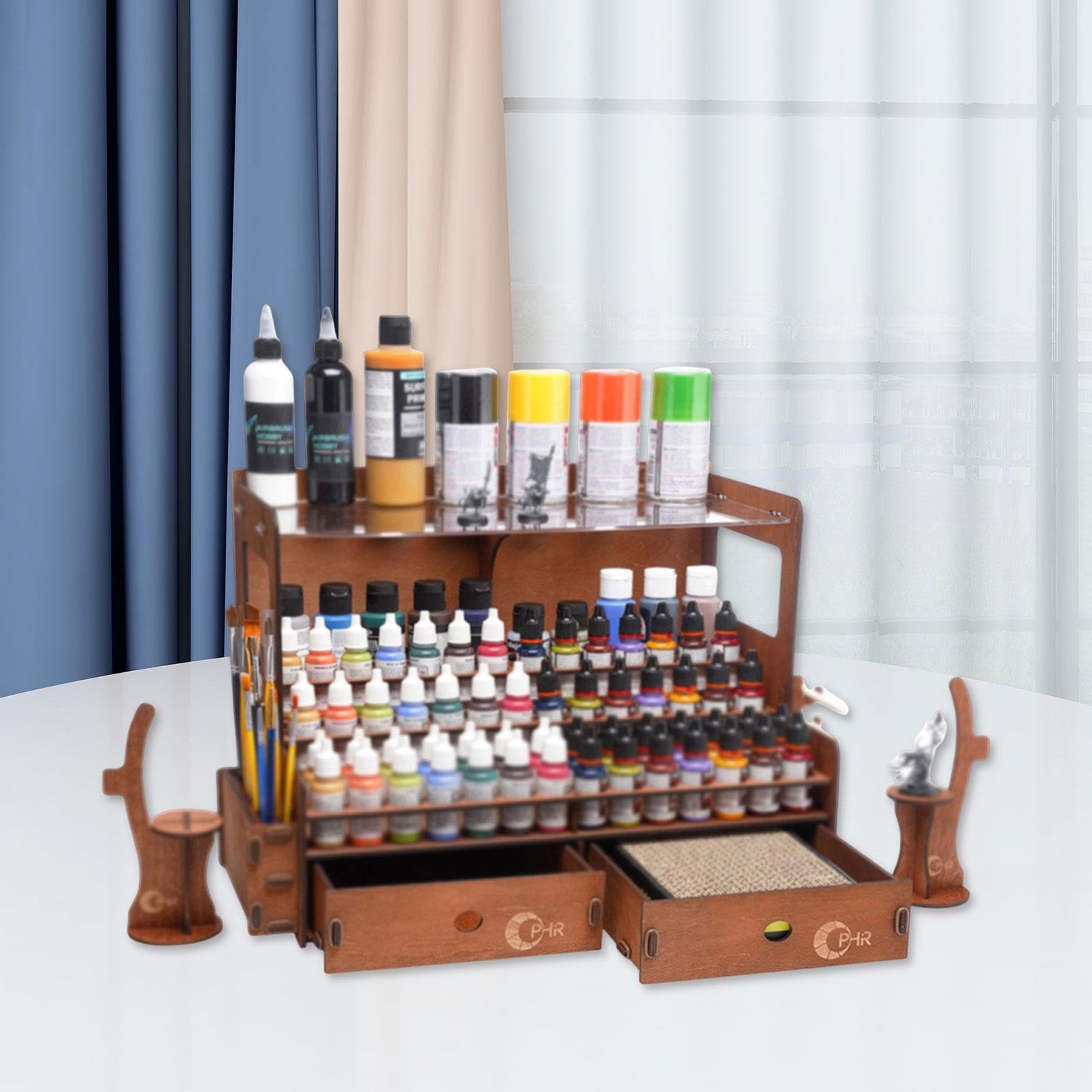 rockible Organizador de Almacenamiento de Pintura marrón, Suministros de, Tablero Transparente, Multifuncional, con cajón para Manualidades, 60 Hoyos