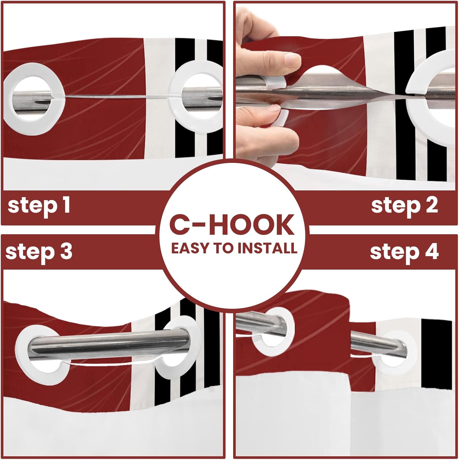 Black and Red Hookless Shower Curtain with Snap in Liner, Boho Red Mid Century Modern No Minimalist Hook Double Layer Shower Curtain and Liner Set, Waterproof Cloth Fabric, 71" W X 74" L (Pack of 1)