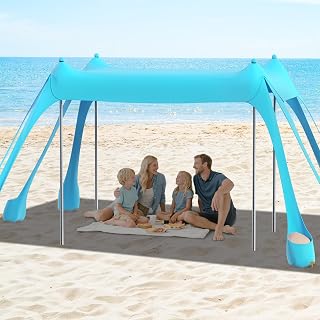 FAHKNS Beach Tent, Camping Sun Shade UPF50+ with 8 Sandbags, Ground Spikes and Stabilizer Poles, Sand Shovel, 10x10ft Beach Sunshade, Beach Tent for Camping, Fishing and Picnicking (Light Green)