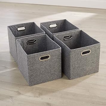 Home Source Cube Storage Boxes, Collapsible Fabric Storage Baskets, Foldable Canvas Organising Boxes, 4 Piece, Felt Grey