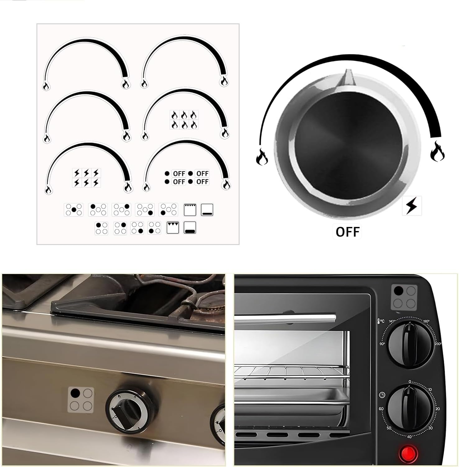 Flame Indicators Ring Stove Sticker Decal 3Pcs Flame Indicators Ring Stove Labels Oven Replacement Adhesive knob Symbols for Burner Cooktop Bumper Cooktop Hob Cooker Top Markings (Black)