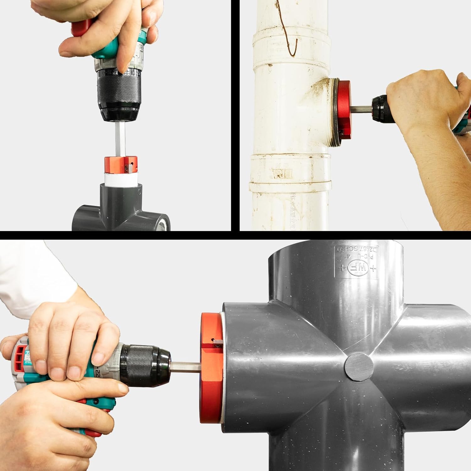 Double Inserts PVC Fitting Saver 1-Inch Head,PVC Pipe Reamer with 3/8-Inch Hex Shaft,Socket Saver Plumbing Tool Plastic Pipe Fitting Reamer for Sch.40 CPVC ABS Hub,Fit Standard 1/2" Drills