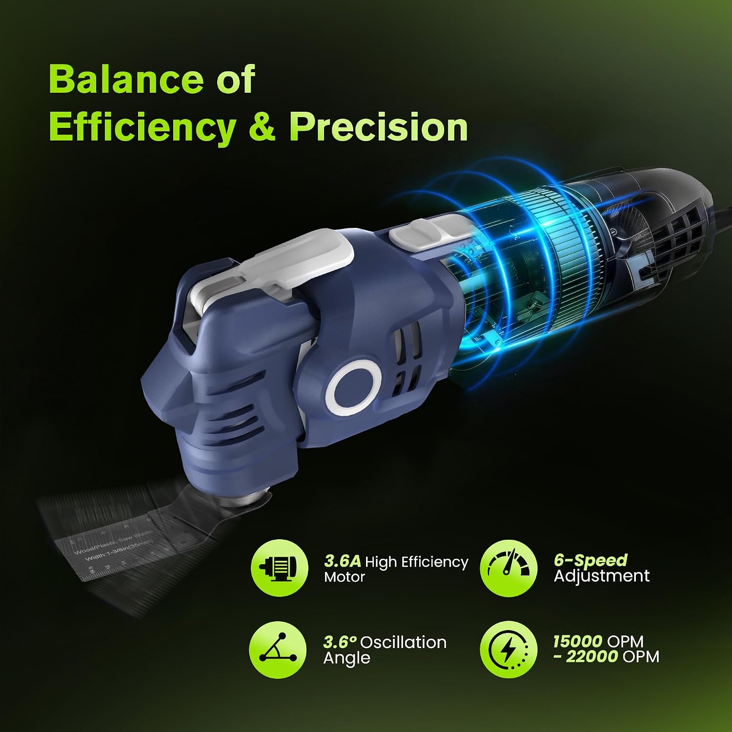Corded Oscillating Multi Tool Kit with LED Light and 24 Accessories | 400W 3.6A motor; 6-speed control; soft start; tool-free blade change; 15,000–22,000 OPM; 3.6° angle; shock-absorbing design