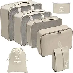Organizador Viagem Kit 7 Peças - Necessaire para Bagagem Malas Roupas Bolsa Cosméticos Higiene - Dobrável Impermeável Multiuso Feminina Masculina Unissex Grande Compacto Prático (BEGE)