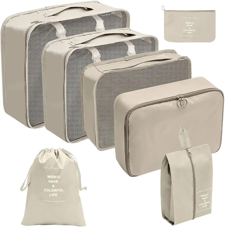 Organizador Viagem Kit 7 Peças - Necessaire para Bagagem Malas Roupas Bolsa Cosméticos Higiene - Dobrável Impermeável Multiuso Feminina Masculina Unissex Grande Compacto Prático (BEGE)