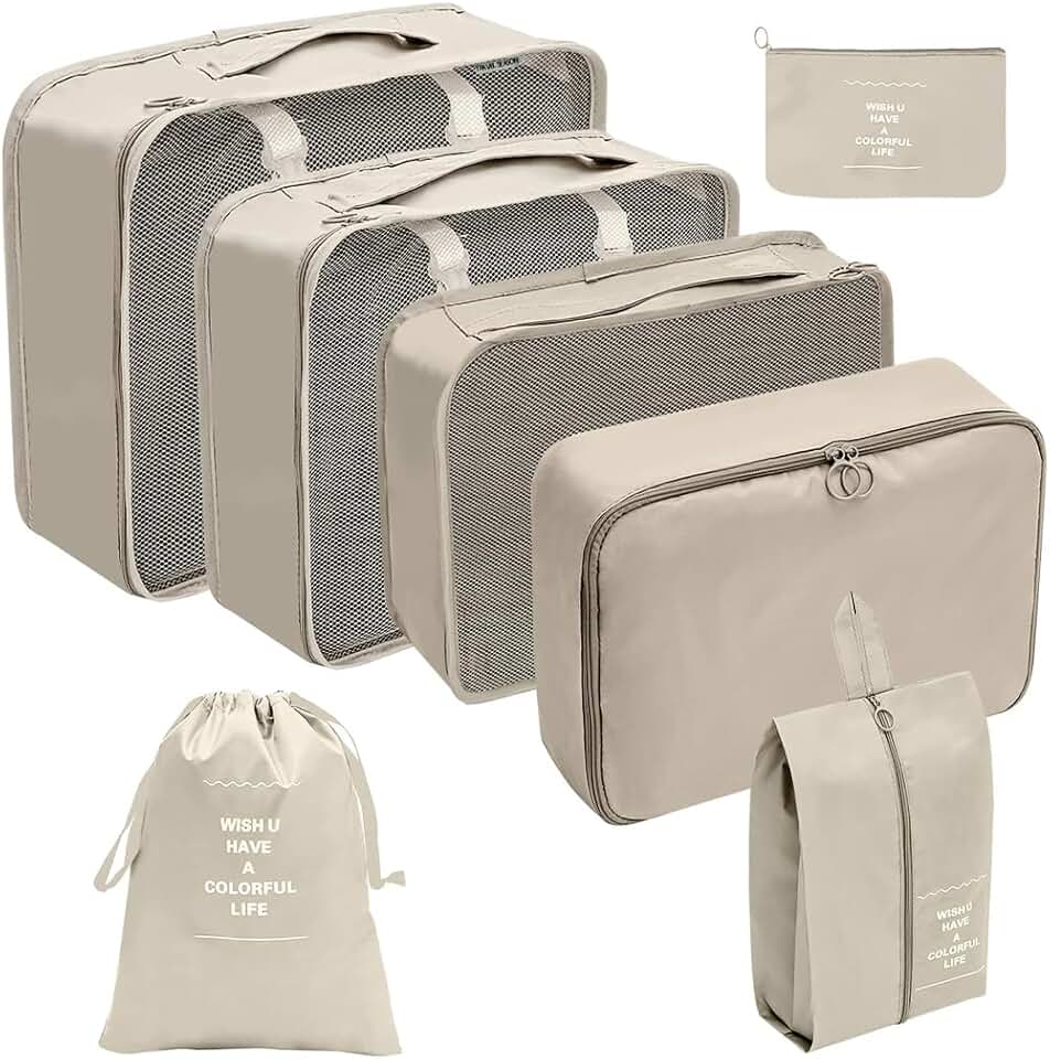 Organizador Viagem Kit 7 Peças - Necessaire para Bagagem Malas Roupas Bolsa Cosméticos Higiene - Dobrável Impermeável Multiuso Feminina Masculina Unissex Grande Compacto Prático (BEGE)
