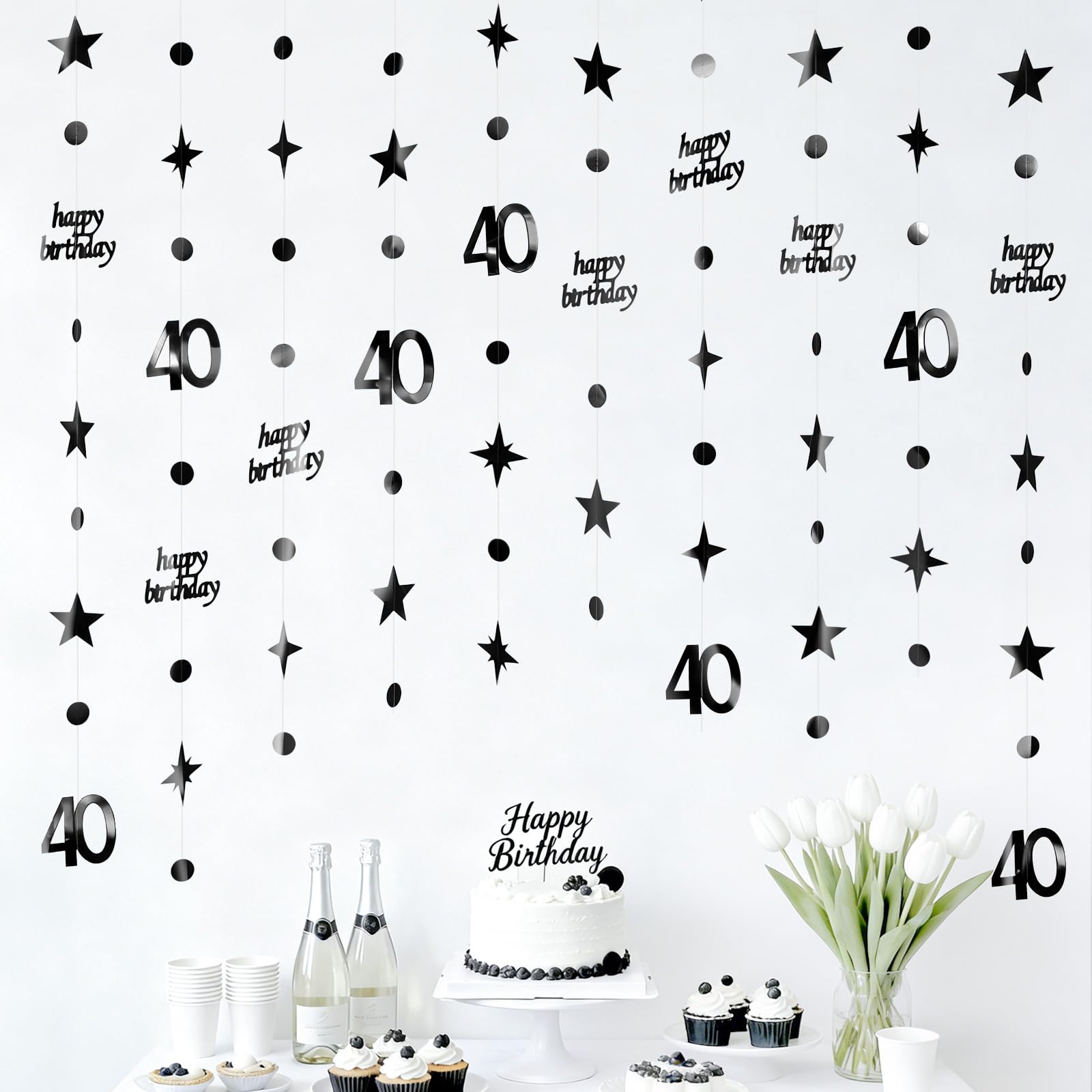 G2PLUS 40th Birthday Paper Garland: 4PCS Black Hanging Paper Garland, 14m Backdrop Streamers, Hanging Party Decorations for 40th Birthday