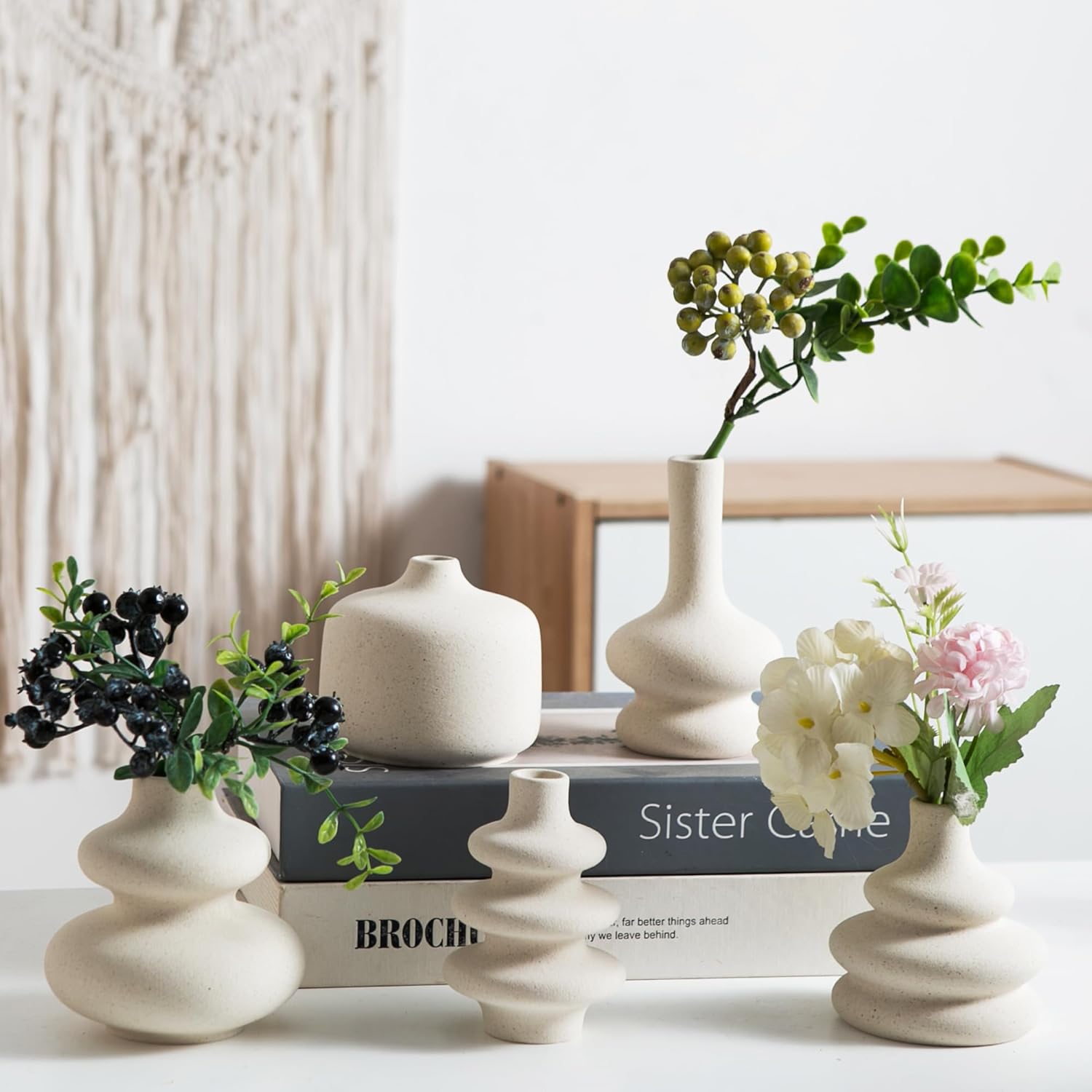 Small White Ceramic Vases Set of 5, Mini Decorative Boho Vases for Flower, Wedding & Home Decor