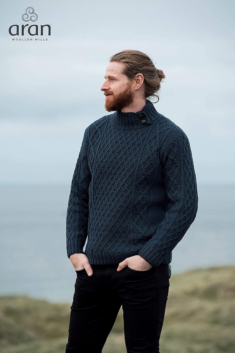 Aran Woollen Mills Men's Irish Knit Sweater with Button Collar