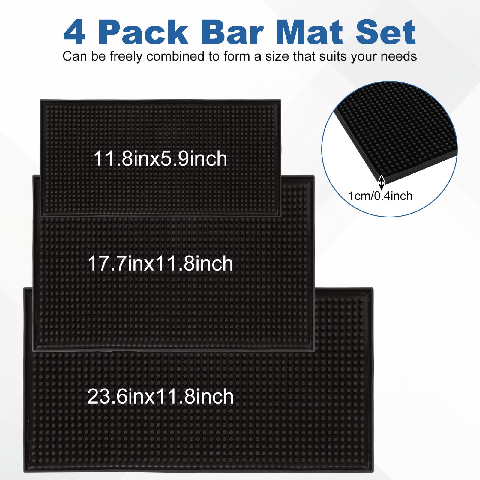 Confezione da 4 tappetini da bar per piano di lavoro, 61 x 30,5 cm, 45,7 x 30,5 cm, 30,5 x 15,2 cm, 10,2 x 10,2 cm, tappetini in gomma per barista, tappetini antiscivolo per bar di casa, bar