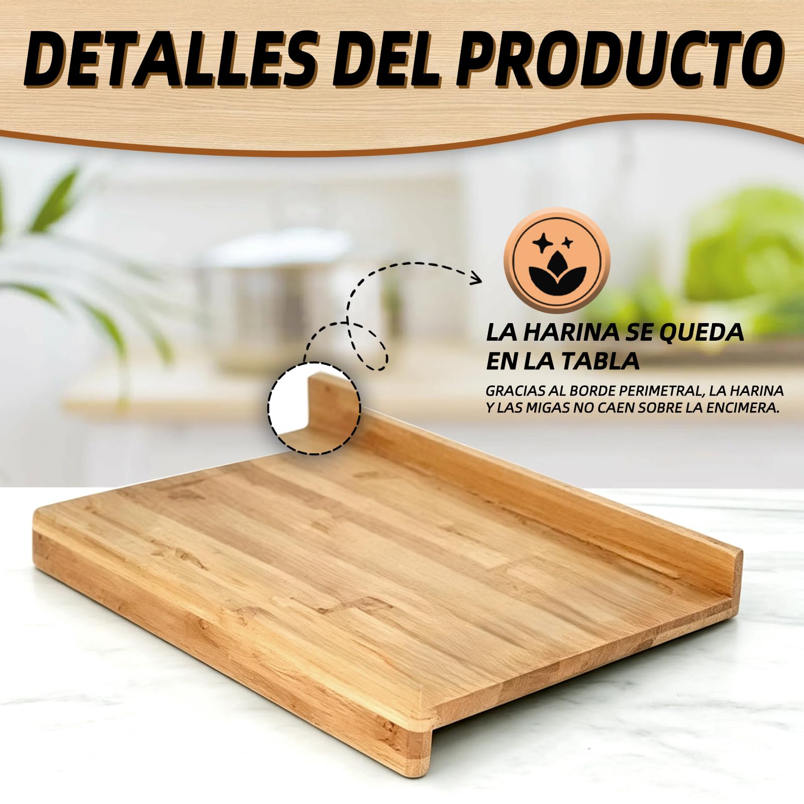 Tabla de madera para repostería 70x50 cm, tabla para amasar, tabla de cortar y tabla de servir – Ideal para estirar masa, cortar y servir. Gran superficie para pan, bollería y aperitivos.