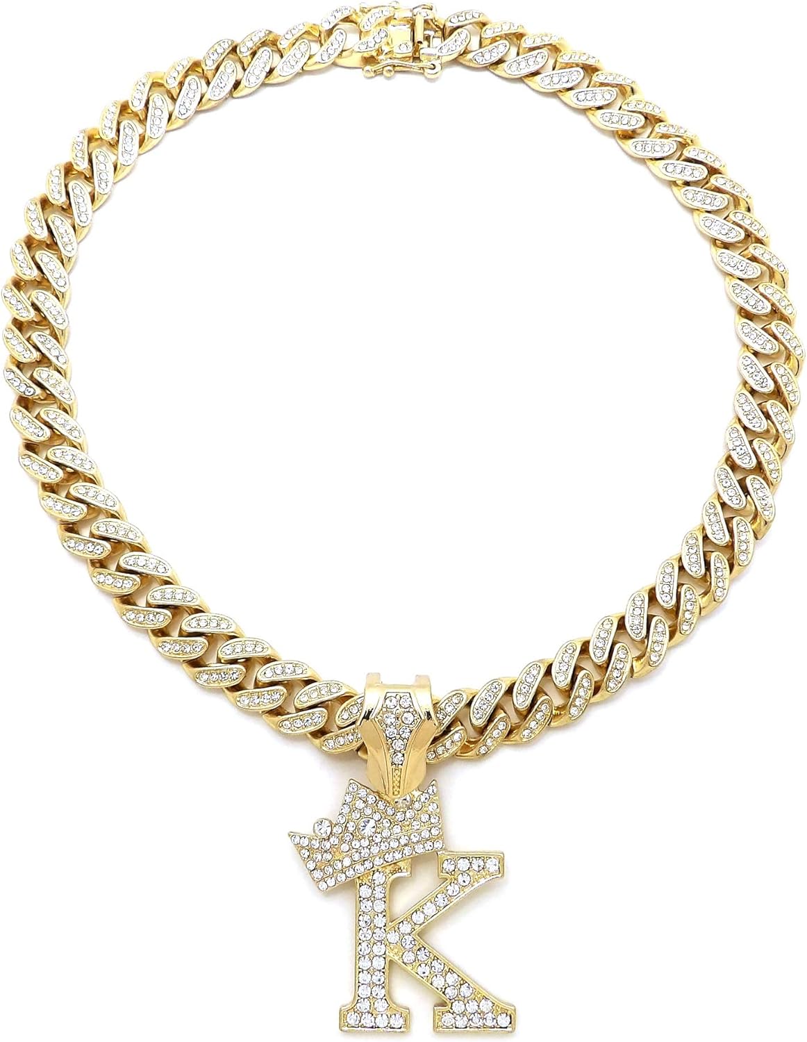 Hip Hop Alphabet Initial K Pendant & 12mm 18" Full Iced Box Lock Cuban Chain Necklace