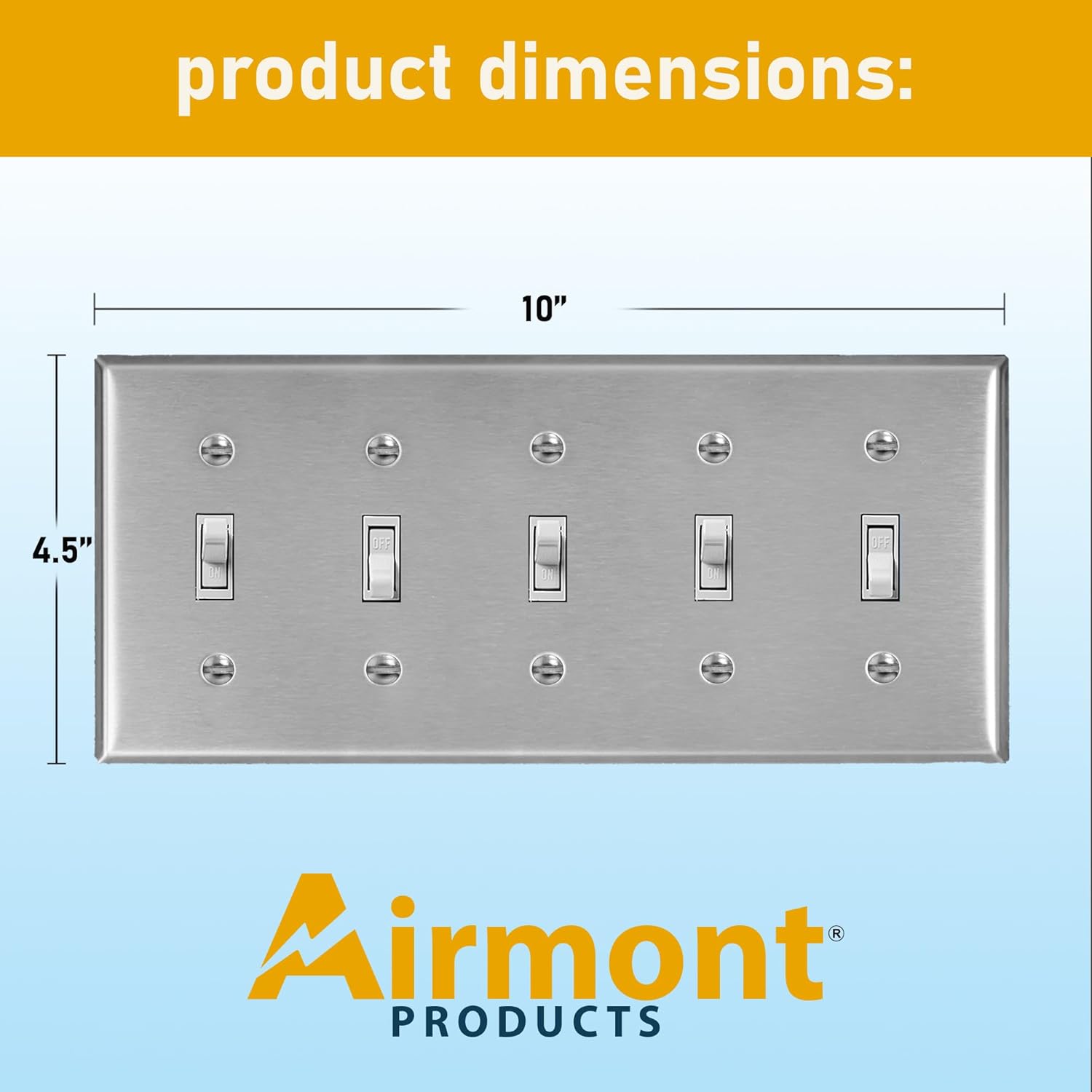 2 Pack Metal Toggle Switch Wall Plate, 5 Gang, Standard Size, 4.5'' x 10'', 430 Grade Stainless Steel, Corrosion and Heat Resistant Unbreakable Metal, Light Switch Cover Panel, With Matching Screws