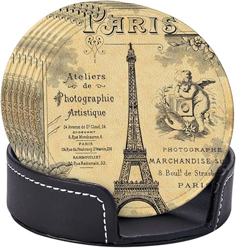 Juego de 6 posavasos de cuero antideslizante con diseño de la Torre Eiffel con borde vintage, perfectos para taza de café de vidrio de tamaño común