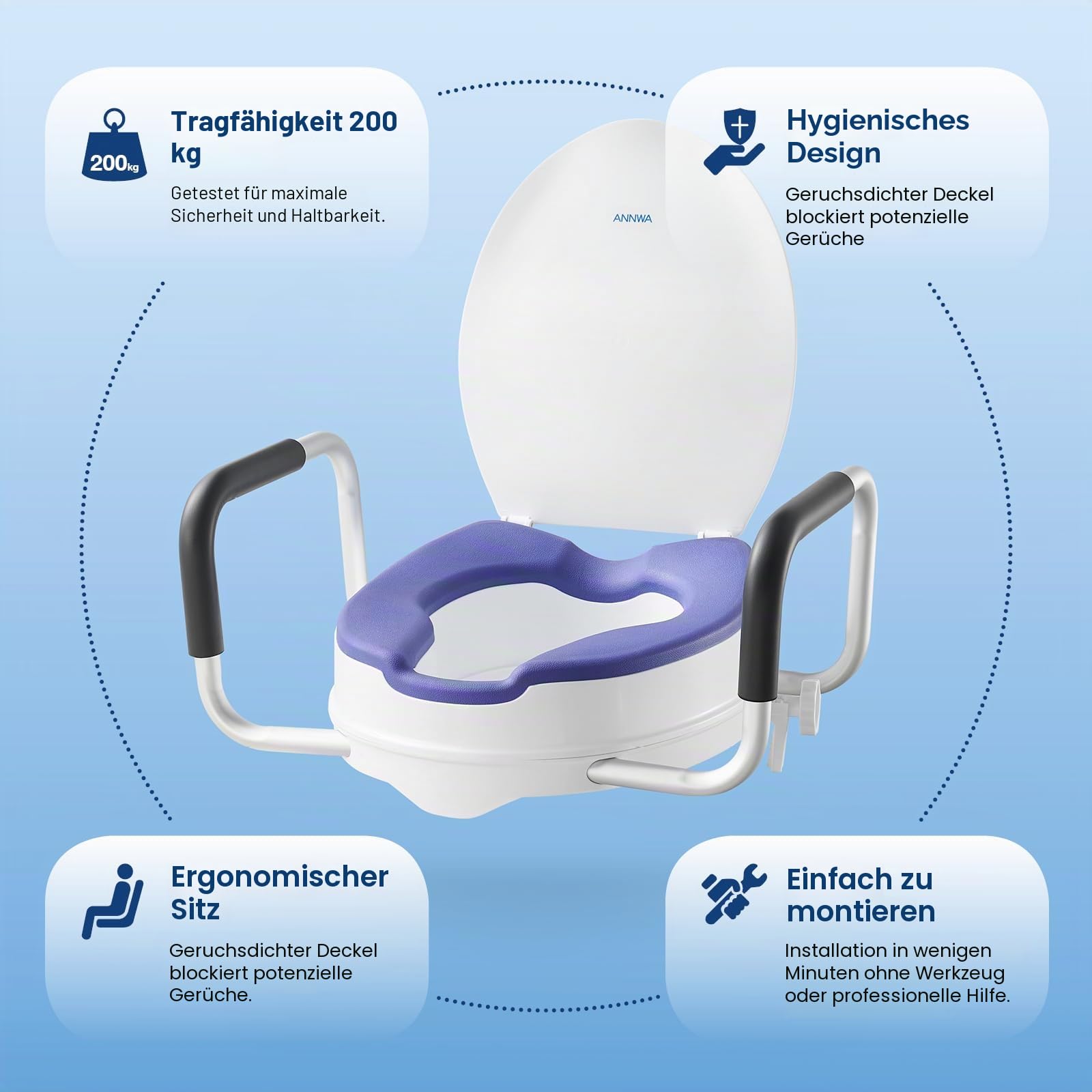 Toilettensitzerhöhung für Erwachsene mit Armlehnen und Deckel, erhöhter Toilettensitz für Erwachsene, WC-Sitz mit Deckel, Toilette nach Operation (N1FYT16)