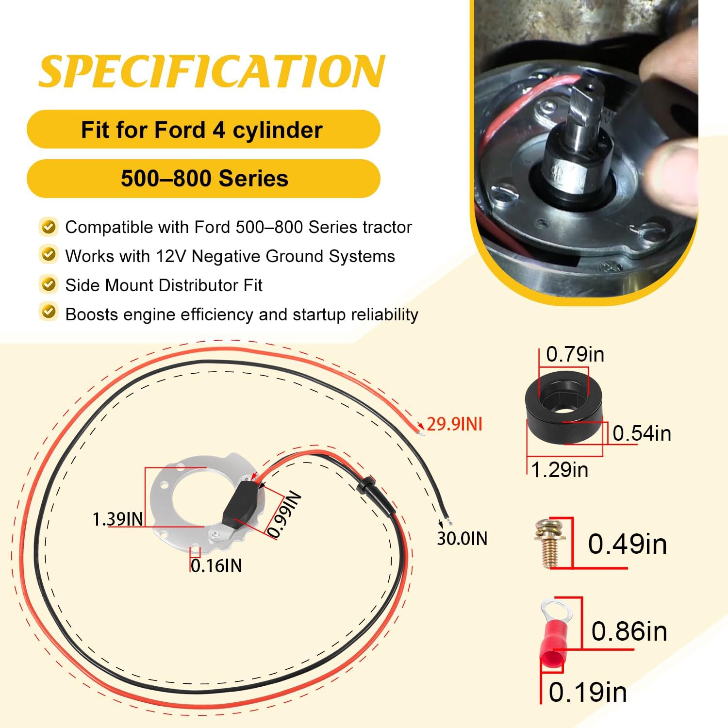1244A Electronic Ignition Conversion Kit Replacement for Ford 4-Cylinder Tractors for Jubilee 500 600 700 800 Series, 12V Negative Ground, Side Mount Distributor, Points to Electronic Ignitor