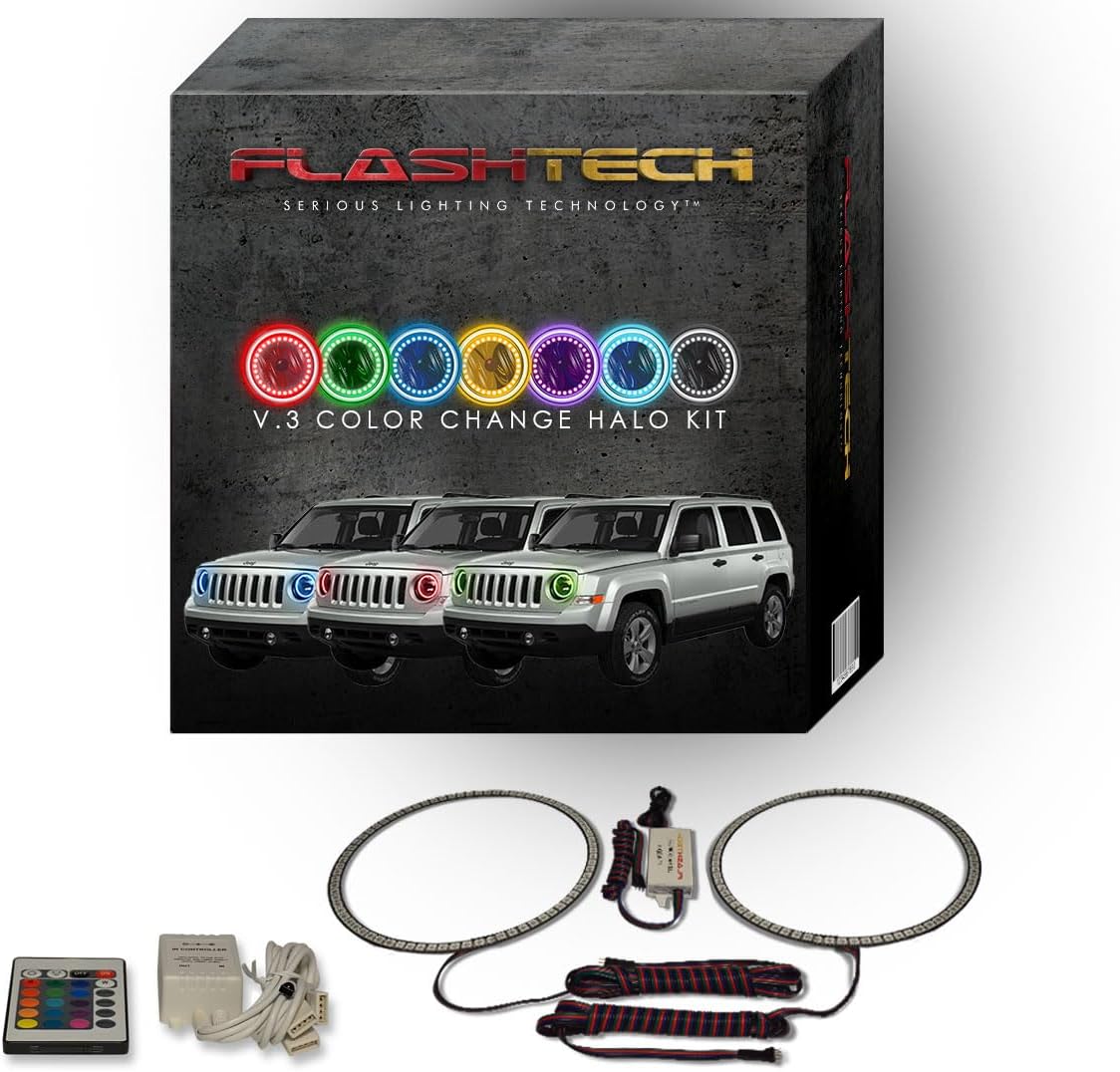 Flashtech RGB LED Halo Ring Accent Light Kit Compatible with Jeep Patriot (2007-2016) Headlight Housings - IR Remote
