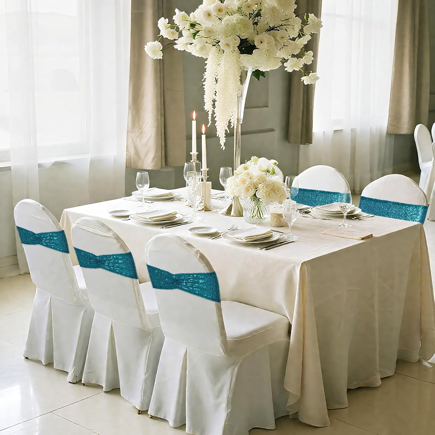 Poise3EHome Teal Sequin Chair Sashes 50 Pack, Double Sided Glitter Folding Chair Cover Bands for Wedding Party Ceremony Banquet Reception Decorations