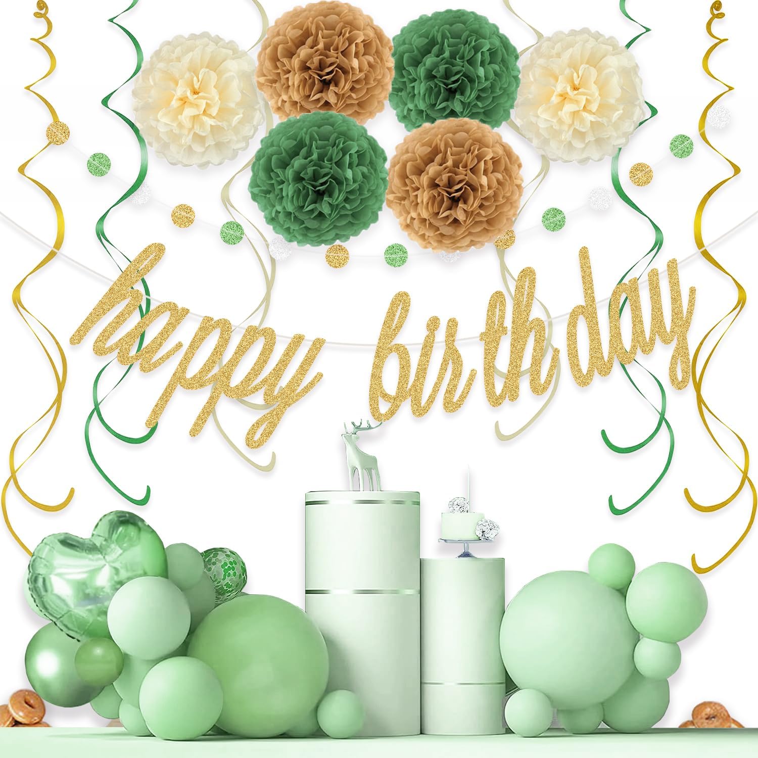 KOKAR Gold Sage Green Happy Birthday Decorations – Gold Happy Birthday Banner, Paper Pom Poms, Hanging Swirls and Glitter Circle Dots Garland for Birthday Party Decorations - Image 5
