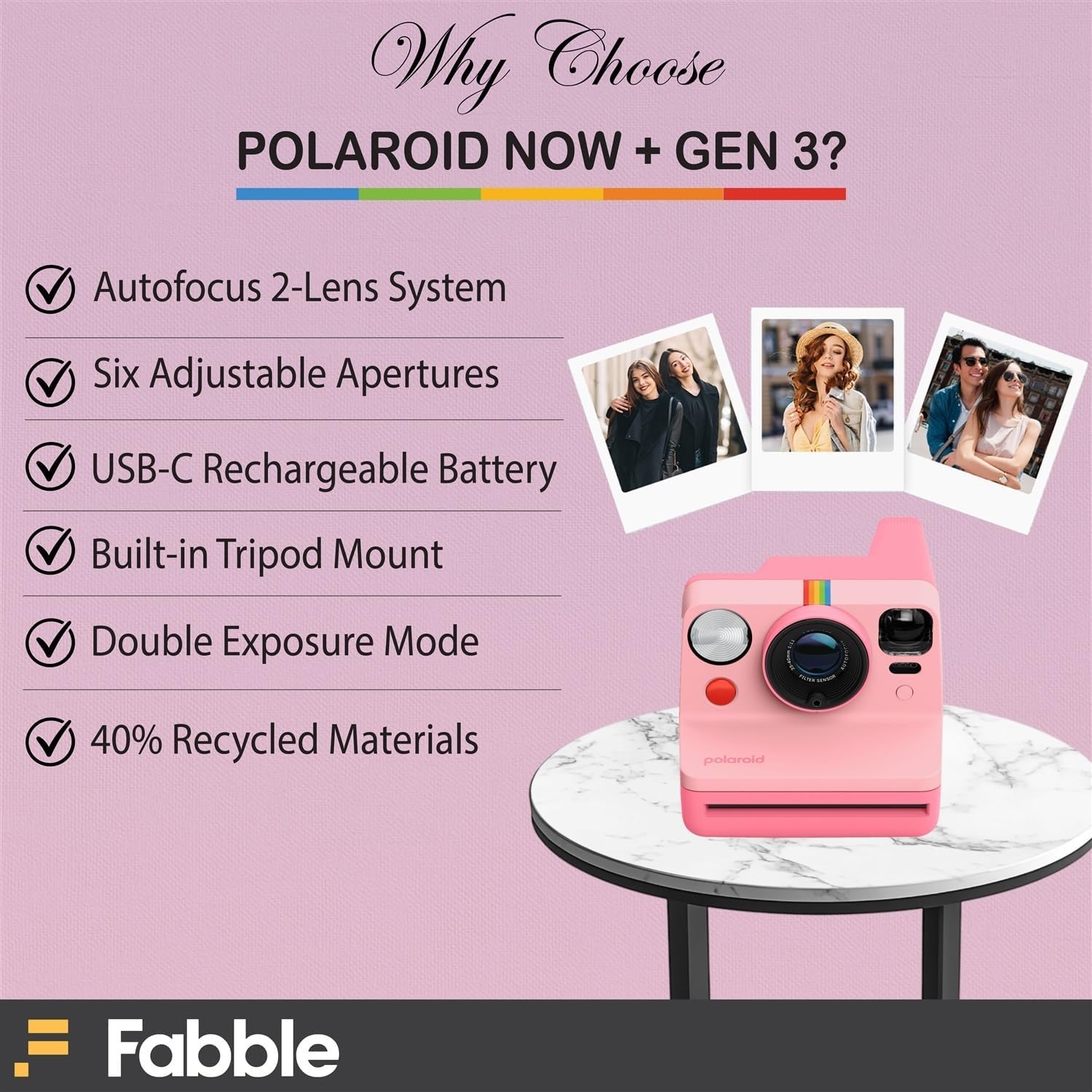 Polaroid Now Generation 3 I-Type Instant Camera (Pink) Bundle with Color I-Type Film (8 Exposures), Hard Protective Case, and Wrist Strap