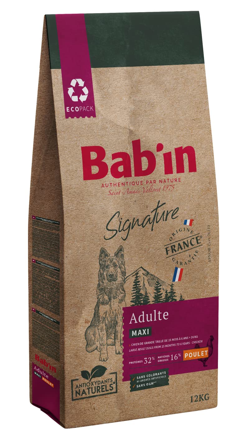 Bab'in Signature Maxi Adulte 12Kg - Croquettes pour Chien Adulte de Grande Taille (À partir de 26Kg) - Naturelles, Saines et Équilibrées - Adaptées aux Besoins Nutritionnels - Riche en Poulet