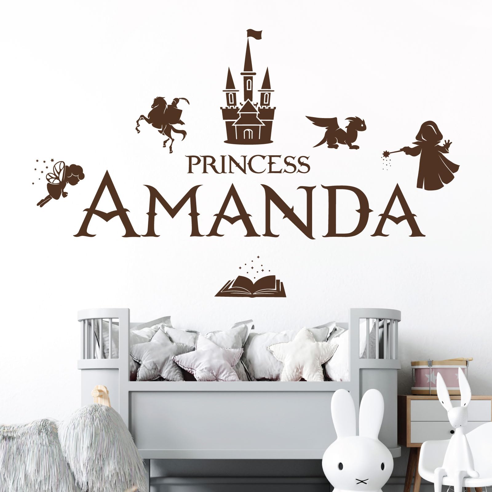 Personalised Name Girls Wall Art Sticker - Princess Castle Dragon Knight Magic Tale Wizard [Large] [Chocolate]