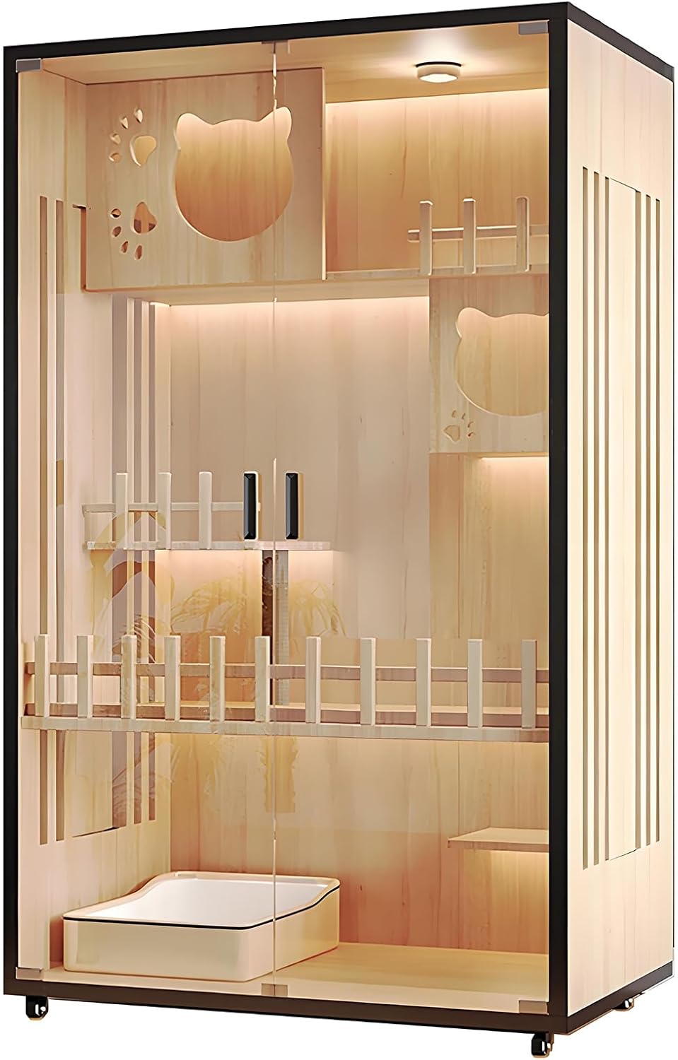 Luxury Large Cat Villa - Heavy-Duty Wooden Indoor Enclosure with Multi-Level Stairs, Lockable Wheels, Ventilated Tempered Glass Design, Easy-Clean Pet House (No Litter Box)